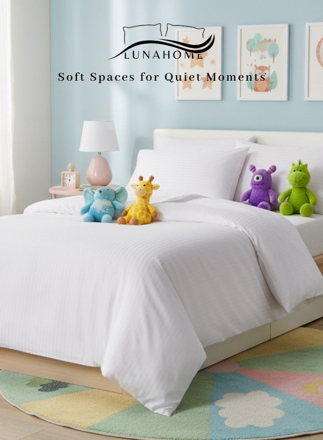 LUNA Home Satin Stripped Single Size 4 Piece ( 1 duvet cover - 160*210cm, 1 sheet - 100*200+30cm. 2 pillowcases - 50*75cm.) Bed Linen White Bedding Set. Suitable for single bed mattress. - Image 1